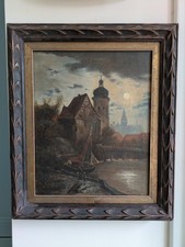 Ölgemälde antik Stadt am Ufer bei Mondschein gerahmt signiert