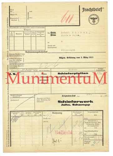 Frachtbrief 1944 schieferwerk - frachtbrief,