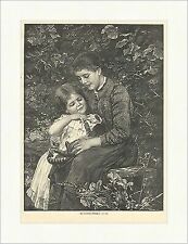 Ein trauliches Pärchen Mutter Tochter Katze Tiere Garten Freude Holzstich E 9323