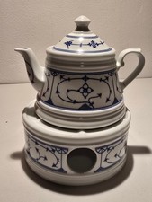  Vintage Teekanne, 0,75 Ltr. mit Stövchen, Porzellan, Indisch Blau, Strohblume  