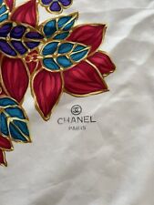Vintage orig. CHANEL Tuch Schal Weiß Rosa Rot Grün Gold Blumen 100% Seide