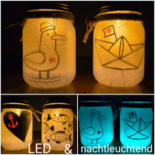 2 x Maritim Möwe Anker Beleuchtung Deko Leuchtglas LED Nacht Licht Geschenk Set 