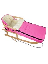 Holzschlitten Rückenlehne & Zugseil + Winterfußsack mit Wolle 108cm Kombi-Set