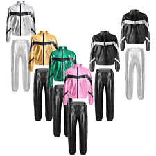 Mädchen Metallic Jogginganzug Hip Hop Jazz Jacke und Jogginghose Trainingsanzug