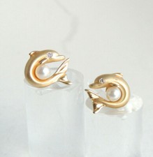 Ohrringe Ohrstecker / Flipper Delfin / 14 Karat 585 Gelbgold / Diamant und Perle