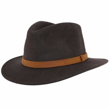 Herren zerkleinerbar braun 100 % Wollfilz Fedora Trilby Mütze mit Lederband