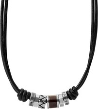 Fossil JF84068040 Herren Halskette Edelstahl Leder Schwarz Holzelemente 50 cm