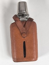 Vintage  Taschen Flachmann Glasflasche mit Lederummantelung, Trinkbecher