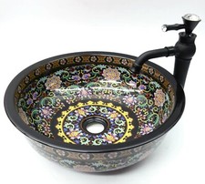 Schwarz Blumenmuster Badezimmer Keramik Arbeitsplatte Waschbecken Waschschüssel