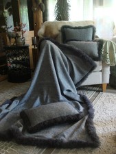 Abs. Luxus kompl. Set Merinowolle Lammfell Decke + 3 Kissen+ 3  Inlets KP .480,-