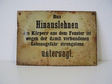 Antikes Blech Schild " Das Hinauslehnen ...untersagt " DR vor 1945