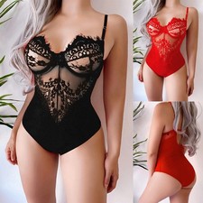 Sexy Damen Spitze Bodysuit Dessous Babydoll Einteiler Playsuit Nachtwäsche DE