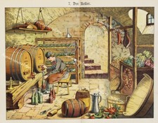 Wein Keller Eichen-Faß Speck Wurst Kartoffel Spundloch Trichter Winzer Barrique