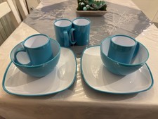 Frühstücksgeschirr Campinggeschirr Set Kunststoff türkis Teller, Tasse, Schüssel