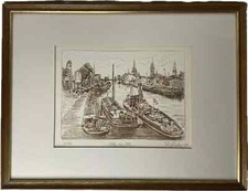 Radierung Duisburg Hafen um