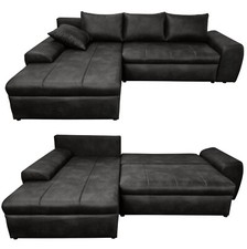 Ecksofa Vintage Schlafsofa Eckcouch L-Sofa mit Ottomane u. Bettkasten in Schwarz