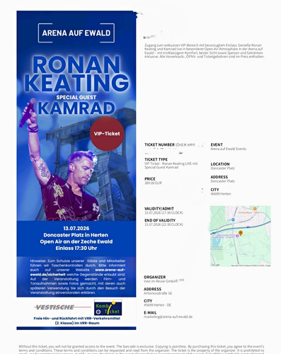 Ronan keating vip ticket - ronan, 1x