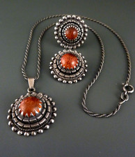 Bernstein Brutalist - Art Deco - Schmuckset Ring Brosche Anhänger 800 Silber