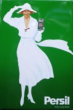 Persil Blechschild, Dame in weiß mit Hut, grüner Hintergrund, ca. 60 x 40 cm