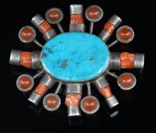 Vintage Großer Türkis Korallen Anhänger/Brosche mit Achat, Handarbeit - Silber