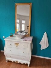 BADMÖBEL-SET KOMMODE & WASCHTISCH SPIEGEL HOLZ WEISS-GOLD SHABBY-LOOK 