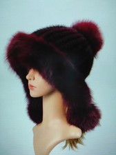 Damen Echte gestrickte Nerz Pelz Mütze mit Fuchsfell 54-58 Groß Burgund.