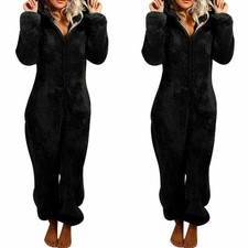 Damen Warm Teddybär Schlafanzug Plüsch Overall Pyjama Jumpsuit mit Kapuze Winter