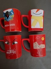 4 Nescafe Tassen, rot ,verschiedene Motive, Sammlertassen, Designerbecher