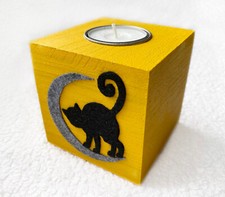 Teelichthalter KATZE MONDSCHEIN Holz & Filz | Halloween Kerzenhalter Teelicht