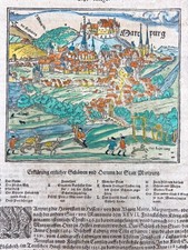 Marburg / Hessen - 2 kolorierte Blätter von Sebastian Münster 1614 Marburg und S