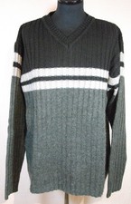 SCHWARZ-GRAU-WEISS GESTREIFTER PULLOVER, V-AUSSCHNITT, LANGARM, GR M