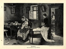Hugo Oehmichen Abendläuten Mutter betet mit Kindern Grafik von 1903