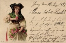 Litho Frau in Tracht, Rosen -
