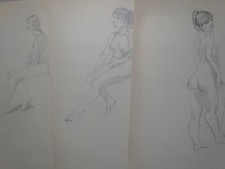 Weibliche Körperstudien Frauen Akte Rücken sitzend - 3 Bleistiftzeichnungen 1958