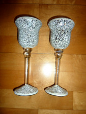 2 x Kelch Windlicht  Kerzenhalter Deko Glas Mosaik Silber Spiegel Weihnachten