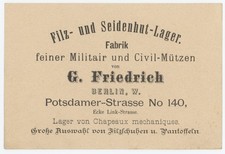 Rechnung Friedrich Seidenhüte Filzhüte Militär Berlin1894