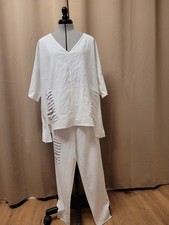 Set Sommer Zweiteiler Leinen Hose Bluse Stoffhose Pailletten Damen Weiß Gr. 5XL 