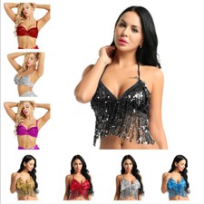 Damen Bauchtanz Kostüm Oberteil Neckholder BH Pailletten Quasten Tanz Party Tops