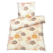 Hochwertige Biber Bettwäsche Baumwolle Blumen Beige Orange 155x220 80x80