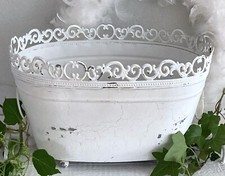 Shabby großer Übertopf Blumenkübel Jardiniere,  Metall oval Weiß Patina, 34  cm