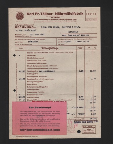 Bremen rechnung 1941 - bremen,, 1941,