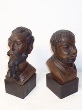 2 Stck. antike Holzskulpturen Don Quijote und Sancho Panza Buchstützen um 1900