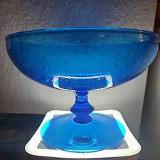 Fußschale mit Luftblasen Glasschale blau Glas ca. 21 cm ⌀ Vintage 70er Jahre