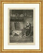 Die Zwillinge Holzstich Karl Hübner Mutter Kinder Kamin Wohnzimmer  E 0124