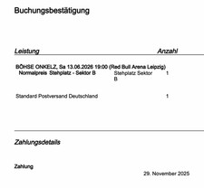 Böhse Onkelz Tickets - Leipzig - 13.06.2026 - Sektor B STEHPLATZ