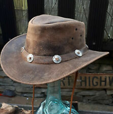 S M L Choncha braun brauner Leder Hut old Grey Men used look Australien