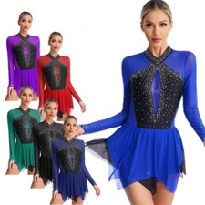 Damen Glitzer Eiskunstlauf Kleider Langarm Kürkleid Strass Rollkunstlaufkleid