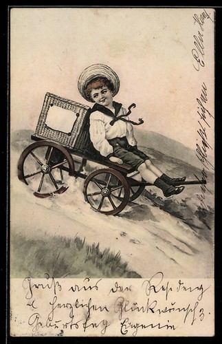 Knabe mit strohhut fährt - ak,