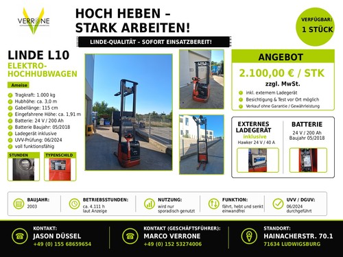 Linde l10 elektro hochhubwagen - linde,