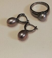 Ring und Ohrringe Set mit grauen Perlen aus Sterling Silber 925